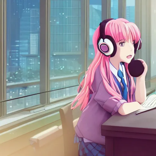 Prompt: high definition anime portrait of a pink haired anime schoolgirl sitting at a desk studying with headphones on, background is a window looking out into a busy tokyo district, lo-fi art, by Studio Ghibli, trending on artstation, sharp high quality anime, digital art, photoshop, proportionate