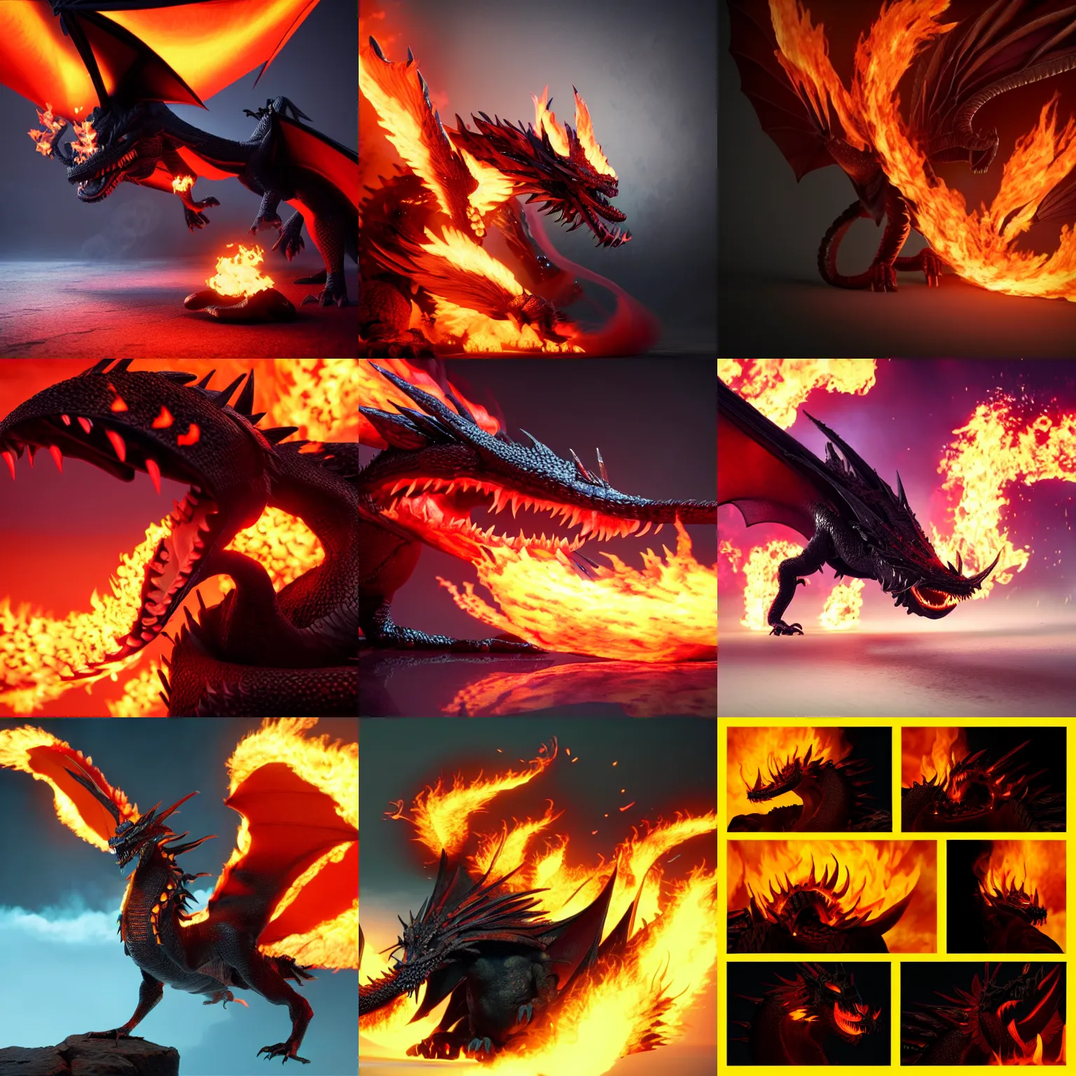 Prompt: black dragon render breathing fire, fiery palette, pixar studios, award-winning octane render, very very very very very very beautiful