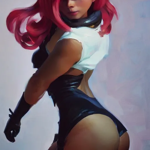 Prompt: greg manchess portrait painting of yorha type a no. 2 as tracy from overwatch from behind in a bikini, organic painting, sunny day, matte painting, bold shapes, hard edges, street art, trending on artstation, by huang guangjian and gil elvgren and sachin teng