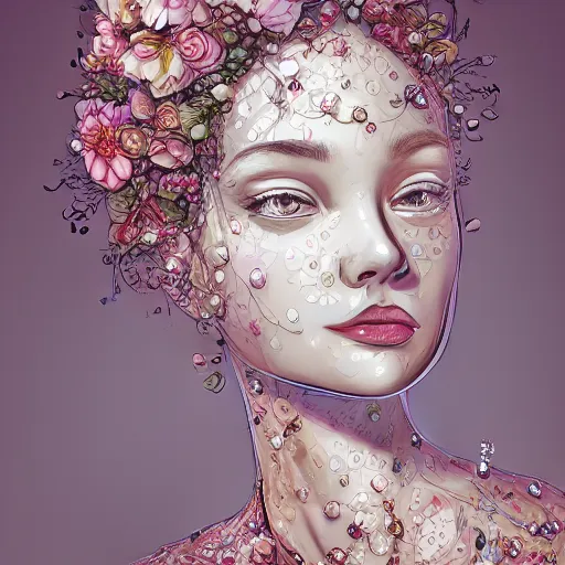 Image similar to the portrait of an absurdly beautiful, graceful, elegant, sophisticated, fashionable young woman made of strawberries and white petals with tears, an ultrafine hyperdetailed illustration by kim jung gi, irakli nadar, intricate linework, bright colors, octopath traveler, final fantasy, unreal engine 5 highly rendered, global illumination, radiant light, detailed and intricate environment