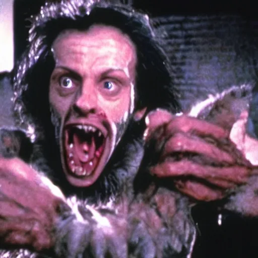 Image similar to film still of a funny looking werewolf extending out his hand in an american werewolf in london