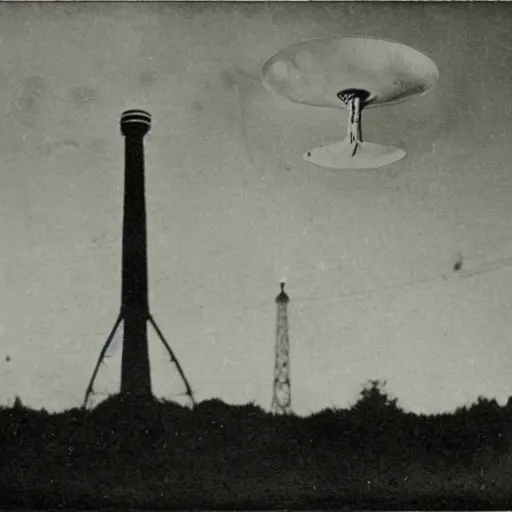 Image similar to 1 9 0 1 photo of nikola tesla wardenclyffe tower and ufo flying fast over in the distance