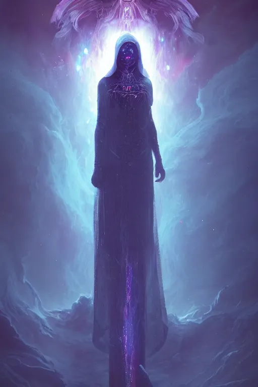 Prompt: a full body portrait of a mysterious goddess with a very long hooded cloak made of stars and clouds, by maciej kuciara and jason chan, ominous, cosmic horror, trending on artstation, ultra detailed, hyper realistic 4 k, volumetric light, iridescent, rainbow colors
