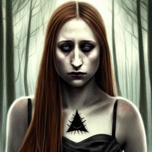 Prompt: gorgeous female Taissa Farmiga witch, realistic character concept, full body shot, spooky, black magic, illustration, symmetrical face and body, realistic eyes, cinematic lighting, hyperdetailed, detailed realistic symmetrical eyes, cgsociety, high resolution, Charlie Bowater, Tom Bagshaw, single face, insanely detailed and intricate, beautiful, elegant, dark forest and trees
