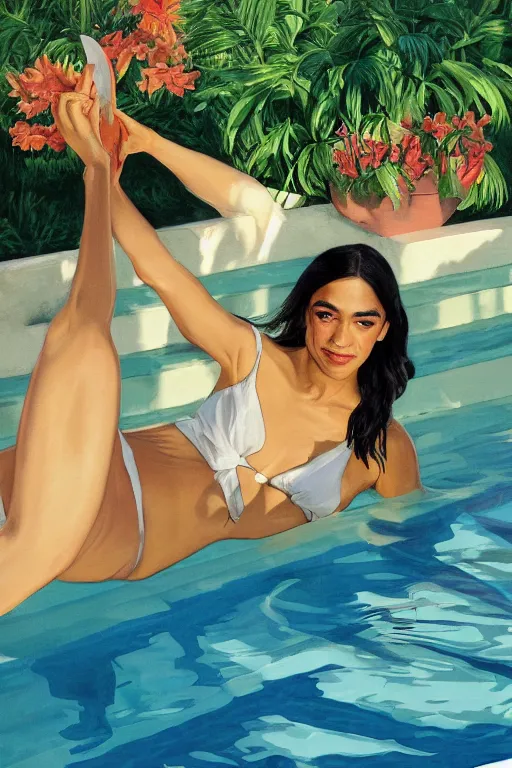 Alexandria Ocasio Cortez by a pool golden hour in a Stable