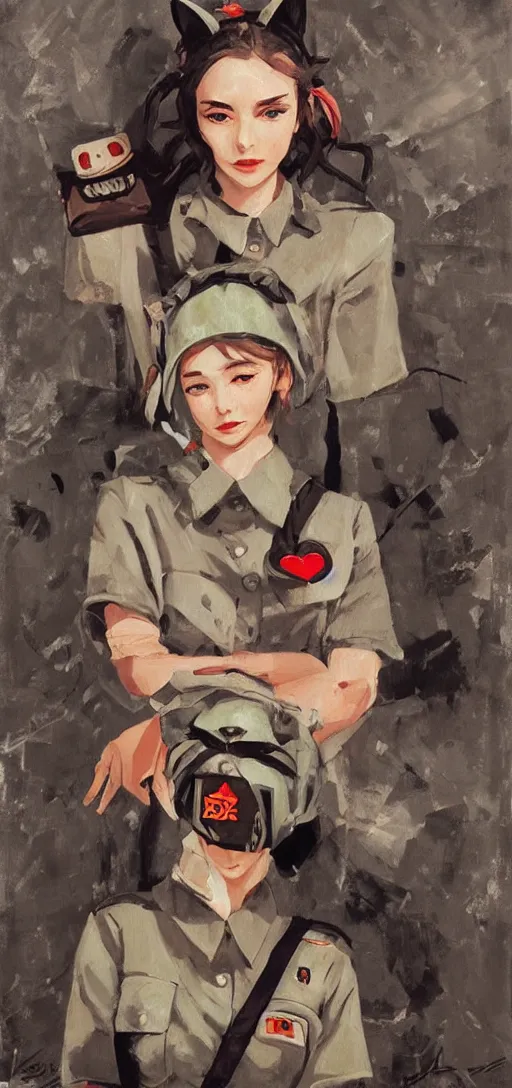 Image similar to oil paining of twentytwo year old female character with ( ( ( cat ears ) ) ) wearing soviet era uniform, wearing a tshirt with a face of karl marx on it, in the style of krenz cushart