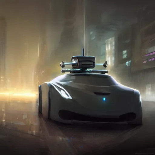 Image similar to full view of a car, elegant, digital painting, concept art, smooth, sharp focus, art style from Wang Ke and Greg Rutkowski and Bruce Kaiser and Scott Robertson and Dmitry Mazurkevich and Doruk Erdem and Jon Sibal, small style cue from Blade Runner and Minority Report and iRobots