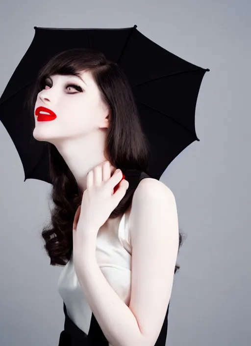 Image similar to a beautiful white pale skin girl, grey background, black dress, vibrent red lipstick, a black hat, black umbrella