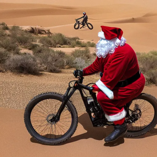 Prompt: Santa claus riding a mountain bike, madmax, desert, hills