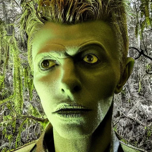 Image similar to Award-winning photograph by Mar Mann. The photo depicts a gigantic decaying roman bust of David Bowie overgrown with moss at the middle of a rainforest. Minimalism, high definition, perfect composition. Very dark. Volumetric Lighting. Darkness. Ruins