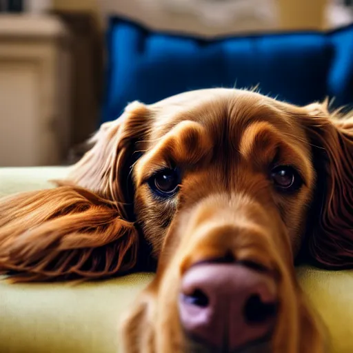 Prompt: a cute spaniel, Labrador and golden retriever spread out on a plush blue sofa. Award winning photograph, soft focus, depth of field, rule of thirds, national geographic, golden hour, style of Vogelsang, Elke, symmetric