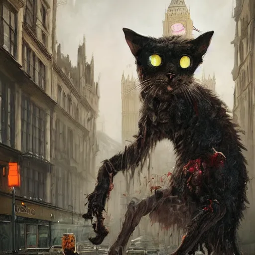 Prompt: zombie cat in london geog darrow greg rutkowski