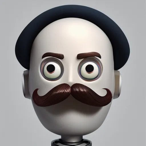 Image similar to portrait of a robot with a moustache wearing beret holding big paintbrush, big head, high detail, beautiful light, depth of field, sharp focus, clean design, 4 k, pixar, low saturation, octane render