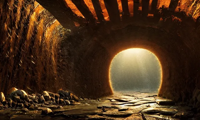 Prompt: beautiful photograph of a magical vertical cylindrical raindrop tunnel between a dried up river and the sun, highly-detailed, fantastic, dramatic lighting, artstation, 4k