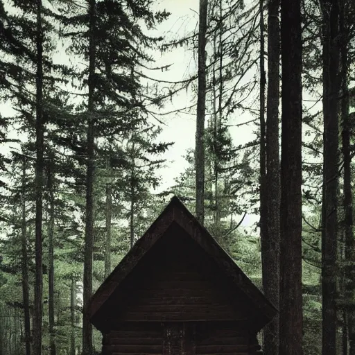 Image similar to a photo of a Eerie cabin in the middle of the woods in the style of Yohji Yamamoto