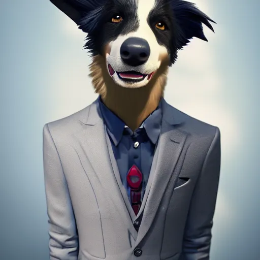 Image similar to a portrait of a cute male anthro border collie wearing a suit. fursona commission on furaffinity, disney, detailed, soft lighting, rendered in octane, furry