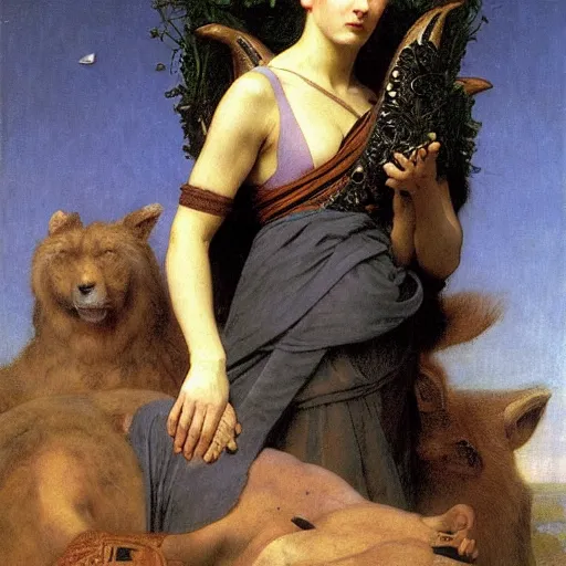 Prompt: a renaissance oil painting by alma tadema of the modern reincarnation of the old selenium god of hunt also known as artemixel the selene carrying the celebrated crown of the crescent moon wich its usual bright and slightly bluish crescent, sci - fi blue and purple color scheme, artstation, by moebius, detailed academic bouguereau, sharp focus
