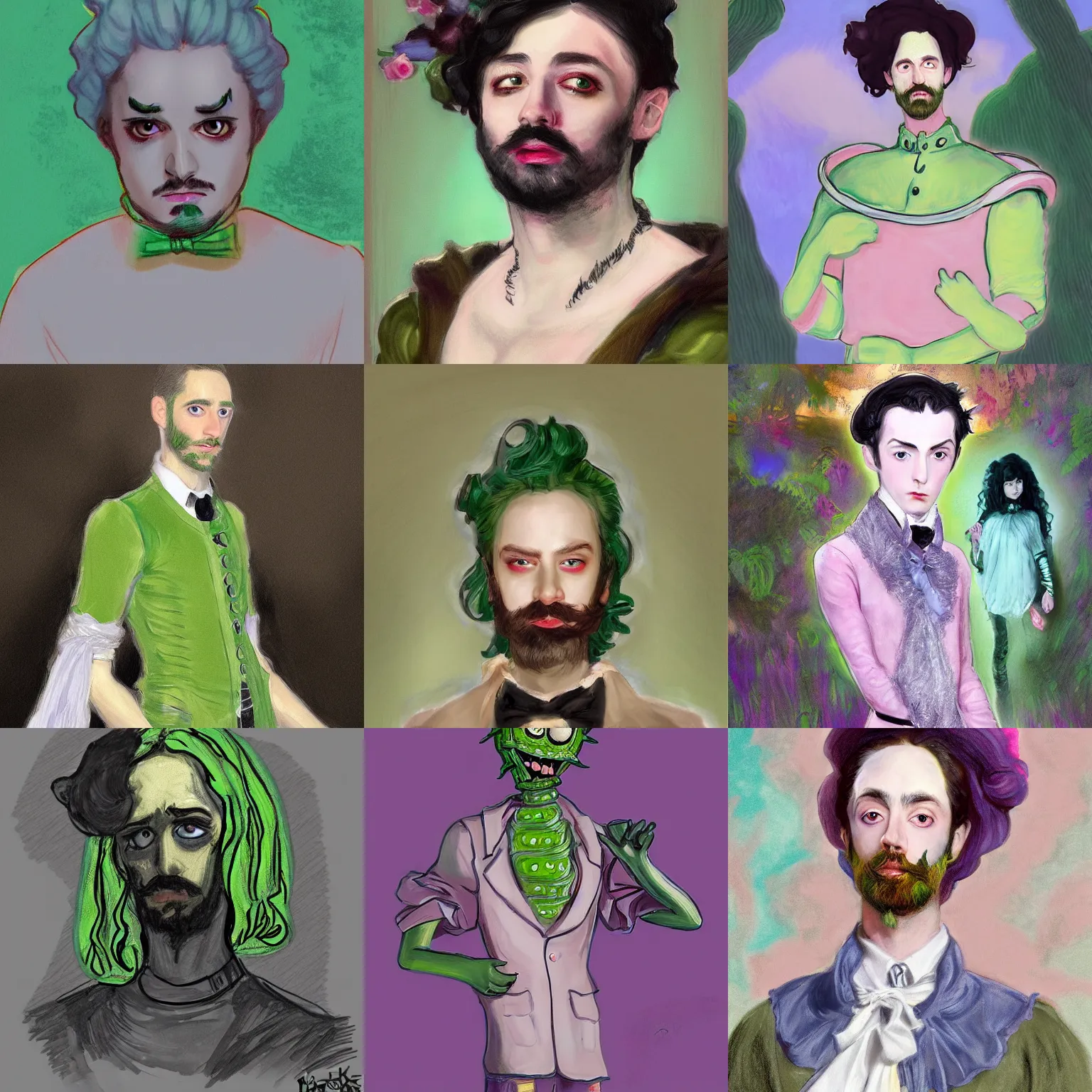Prompt: Pickle Rick as a human, dashing and handsome, in the style of John singer Sargent, inspired by pastel goth, shoujo manga, pre-raphaelite paintings, harajuku, photorealistic art, hyper detailed