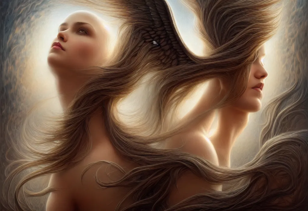 Image similar to picture split from the middle with an border, angels with different backroundsnon, intricate, elegant, highly detailed, realistic hair, centered, digital painting, art station, conceptual art, soft, sharp focus, illustration, artwork, artgerm, tomasz alen kopera, donato giancola, wlop, boris vallejo