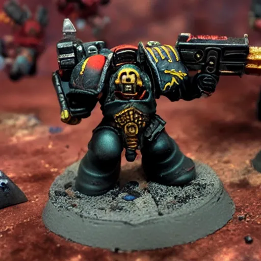 Image similar to space marine walking on human bloody dead bodies, shooting with heavy bolt rifle towards demons