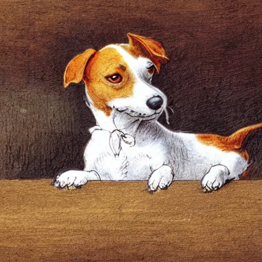 Image similar to closeup candid portrait of jack russel thinking, resting head on paw, illustrated by peggy fortnum and beatrix potter and sir john tenniel