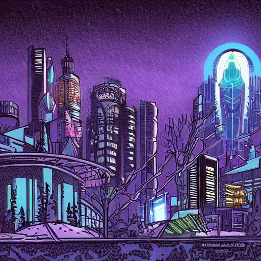 Image similar to mystic winter landscape, cyberpunk by mike allred