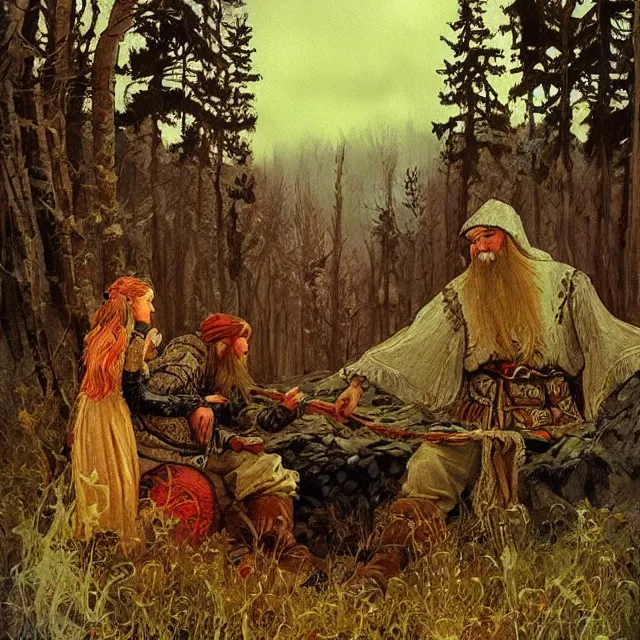 Image similar to russian folk fairytale, story, fable, dramatic, fantasy art, an ultrafine detailed painting, academic art, artstation, by pavel korin, viktor vasnetsov