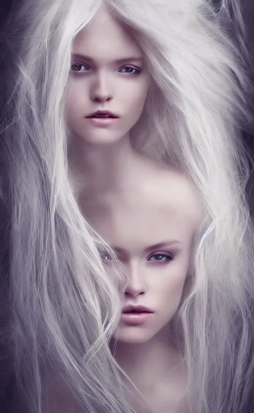 Prompt: a beautiful woman glossy porcelain skin albino, 8 k, sensual, hyperrealistic, hyperdetailed, beautiful face symmetrical, long white hair windy, dark fantasy, fantasy portrait by laura sava