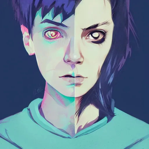 Image similar to Highly detailed portrait of a punk zombie young lady by Atey Ghailan, by Loish, by Bryan Lee O'Malley, by Cliff Chiang, ((dark blue moody background))