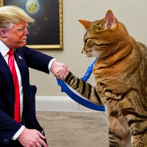 Prompt: cat astronaut gives a handshake to donald trump