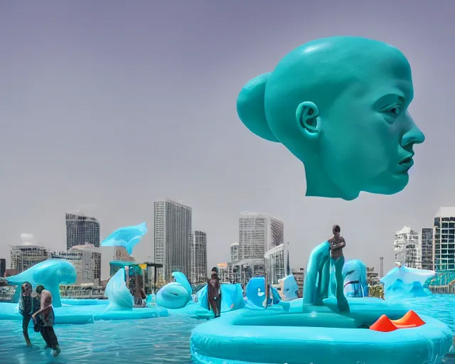 Image similar to a long shot of a giant award winning sculpture made out of tons of inflatable pool toys in the shape of a human head, on the surface of the ocean, in the style of chad knight, hyper detailed, hyper realistic, ray tracing, 8 k resolution, sharp focus, realistic water