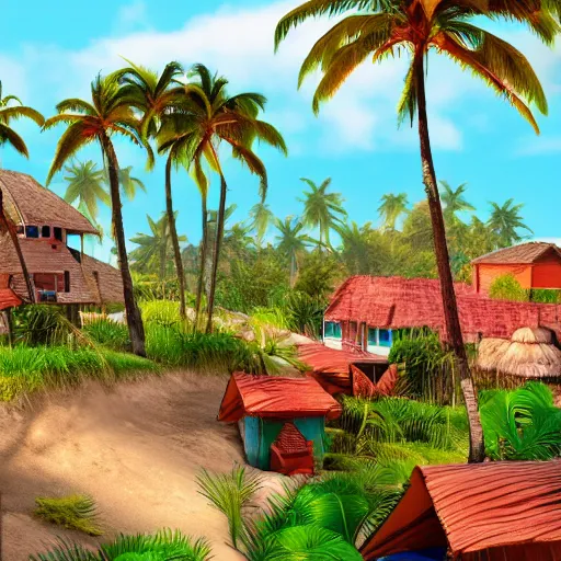 Image similar to a village on a tropical island, very colorful, beach, palms, photorealistic, trending on artstation