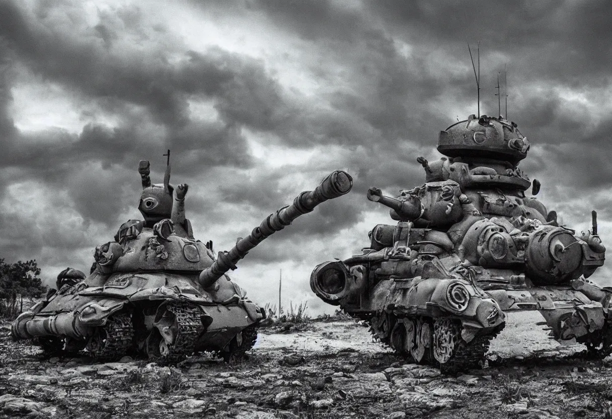 Prompt: my neighbor totoro tank, post apocalyptic style. fox holes. colorized, shot on film, wide angle, stormy sky, lightning