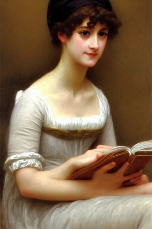 Prompt: jane austen, reeding books, painting by rossetti bouguereau, detailed art, artstation