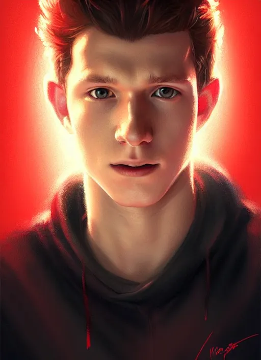 Image similar to portrait of tom holland with hazel eyes, hazel colored eyes, red shirt, intricate, elegant, glowing lights, highly detailed, digital painting, artstation, concept art, smooth, sharp focus, illustration, art by wlop, mars ravelo and greg rutkowski