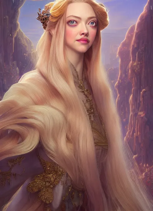 Prompt: amanda seyfried as the rapunzel princess, d & d, fantasy, intricate, elegant, highly detailed, digital painting, artstation, concept art, matte, sharp focus, illustration, art by artgerm and greg rutkowski and alphonse mucha, masterpiece, stunning, artstation