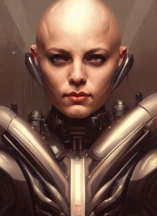 Image similar to Symmetry!! portrait of a bald woman, warrior in sci-fi armour, tech wear, muscular!! sci-fi, intricate, elegant, highly detailed, digital painting, artstation, concept art, smooth, sharp focus, illustration, art by artgerm and greg rutkowski and alphonse mucha