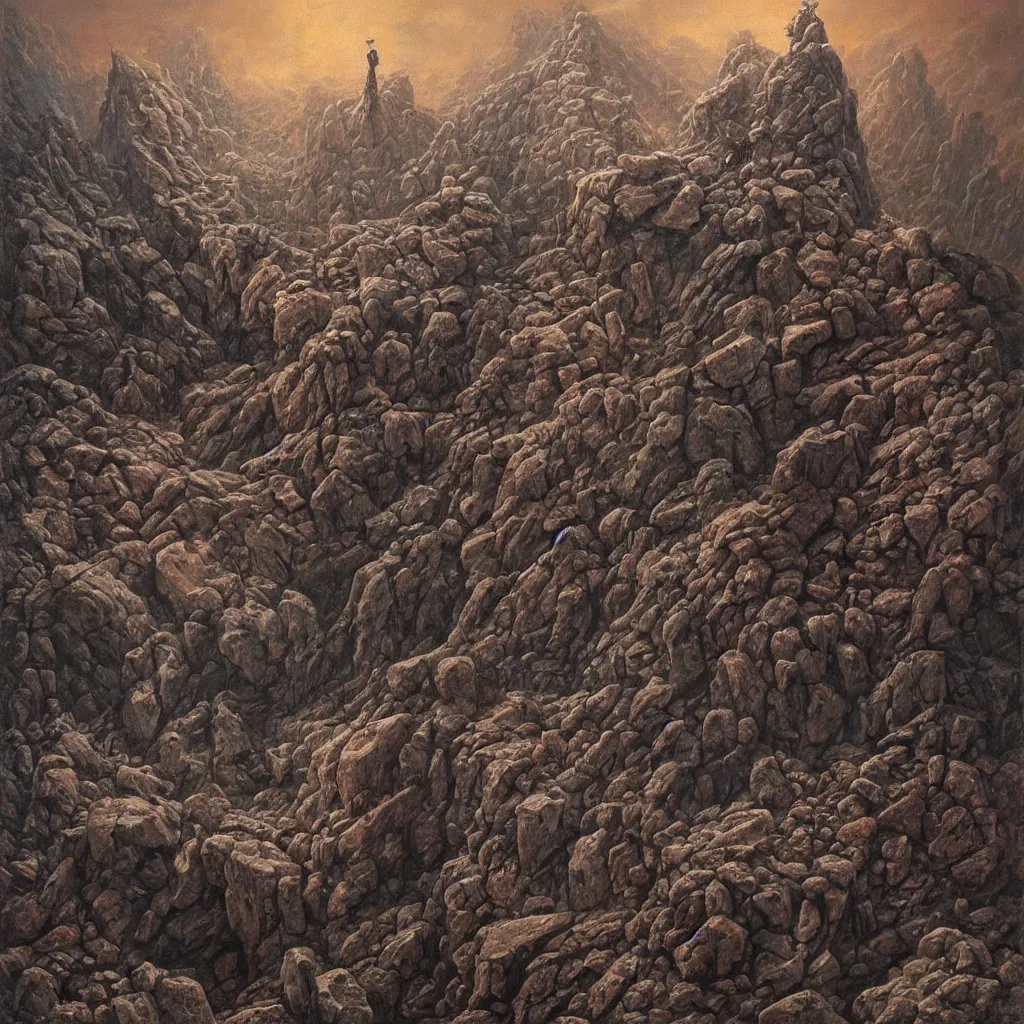 Image similar to oil painting of donald trump in a desolate hell - scape, shackled to a giant stone letter q, painted by dan seagrave, wayne barlowe and zdzisław beksinski, front and center, intricate detail, surrealist, macabre, dark, horror, pain, suffering, death