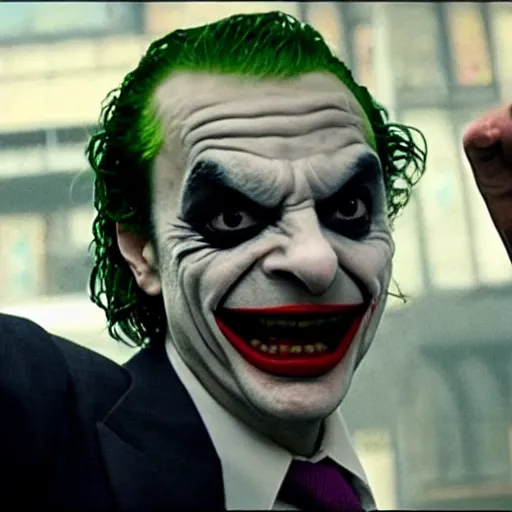 Prompt: A still of Mr Bean as the Joker pointing a gun at the camera in Joker (2019)