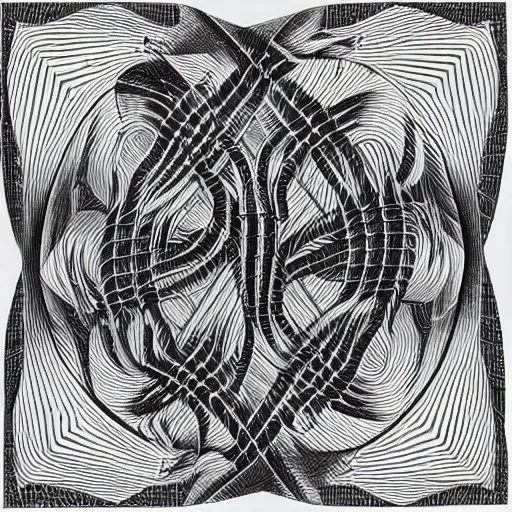 Prompt: black and white lithograph by m. c. escher of lizards inside a klein bottle