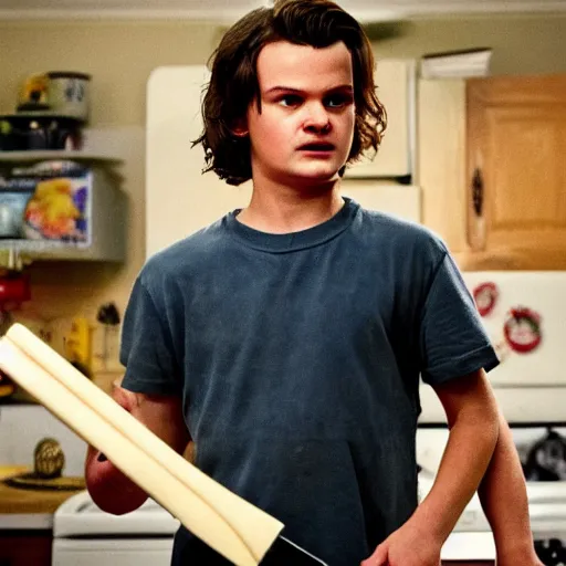 Prompt: a realistic photo of Steve Harrington from Stranger Things making a pizza, ultra realistic