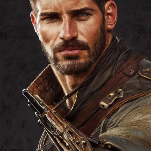 Prompt: portrait of a rugged ranger, handsome, muscular, half body, leather, smirk, fantasy, intricate, elegant, highly detailed, digital painting, artstation, concept art, smooth, sharp focus, illustration, art by artgerm and greg rutkowski and alphonse mucha