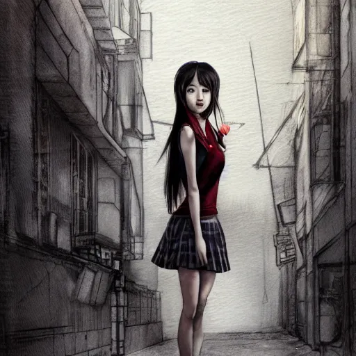 Prompt: a perfect, realistic professional digital sketch of a Japanese schoolgirl posing in a dystopian alleyway, style of Marvel, full length, by pen and watercolor, by a professional American senior artist on ArtStation, a high-quality hollywood-style sketch, on high-quality paper