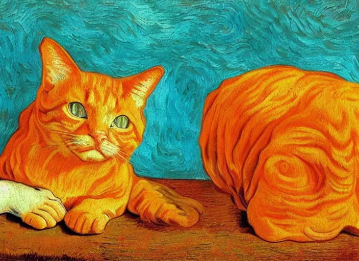 Image similar to detailed realistic realism painting of lasagna that looks like an orange tabby cat, at dusk, in the style of vincent van gogh and salvador dali and leonardo da vinci