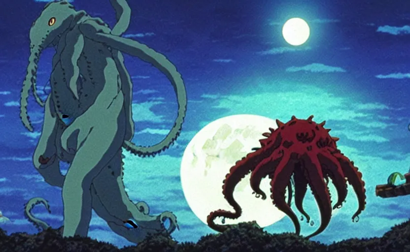 Prompt: a still from a studio ghibli movie of a cartoon cthulhu from princess mononoke ( 1 9 9 7 ), in front of a pale full moon, full body, wide shot, very dull muted colors, studio ghibli, highly detailed, deviantart, art by artgem