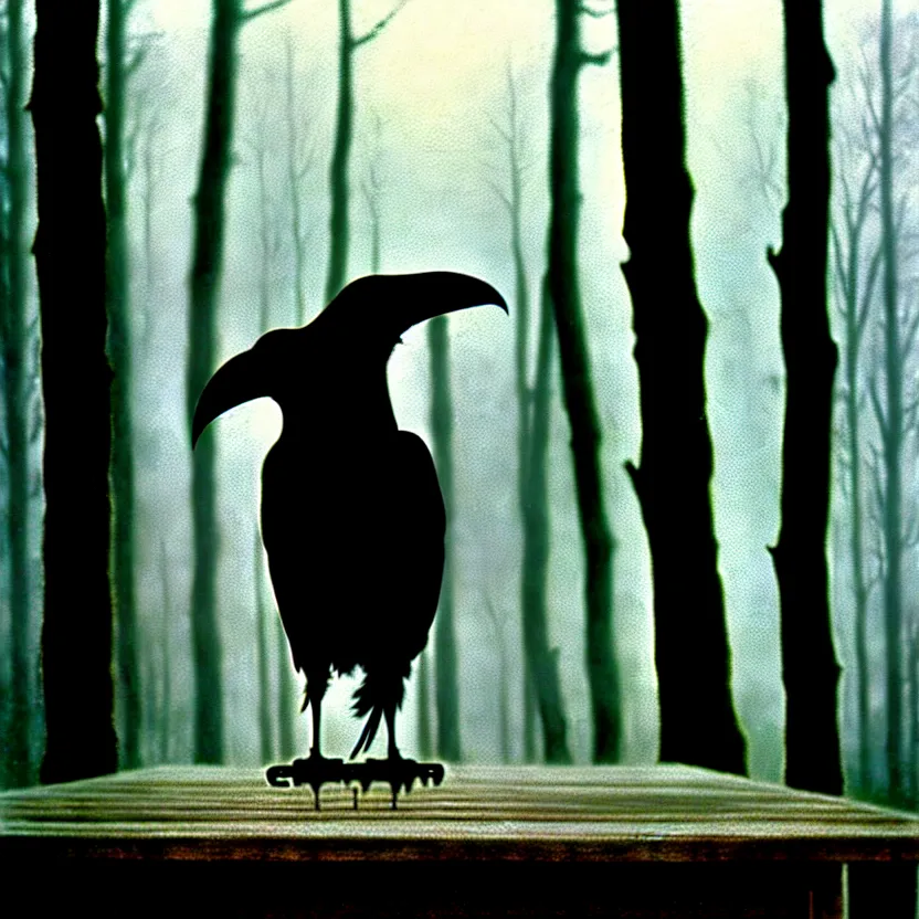 Image similar to a Raven standing on human skull on a table in a foggy forest, by Casey Baugh, Steve Caldwell, Gottfried Helnwein, and Artgerm, sharp focus, 8k resolution, masterpiece work, pristine condition film still from 1980