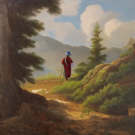 Prompt: a man in a grey cloak and brimmed hat with a staff travelling trough the mountains with trees, very detailed, colorful, oil painting, clouds