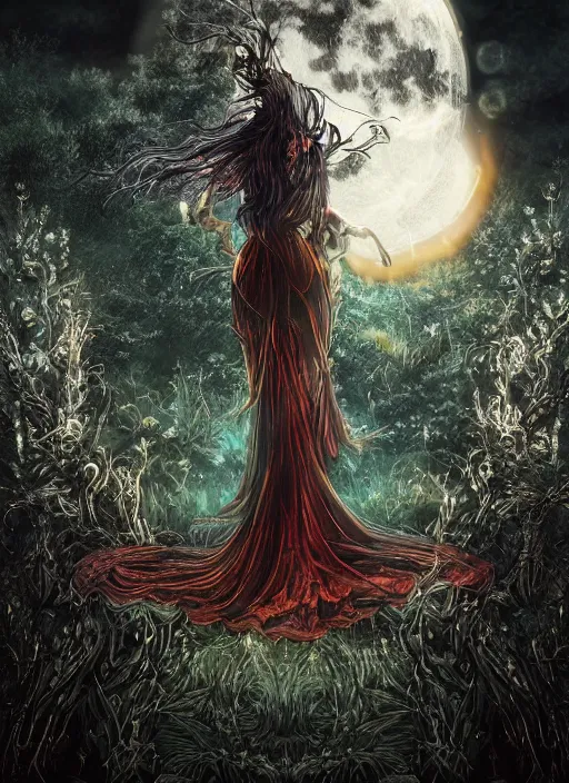 Image similar to glowing silver and golden elements, portrait, A beautiful dark witch in front of the full big moon, book cover, green forest, red white black colors, establishing shot, extremly high detail, foto realistic, cinematic lighting, pen and ink, intricate line drawings, by Yoshitaka Amano, Ruan Jia, Kentaro Miura, Artgerm, post processed, concept art, artstation, matte painting, style by eddie, raphael lacoste, alex ross