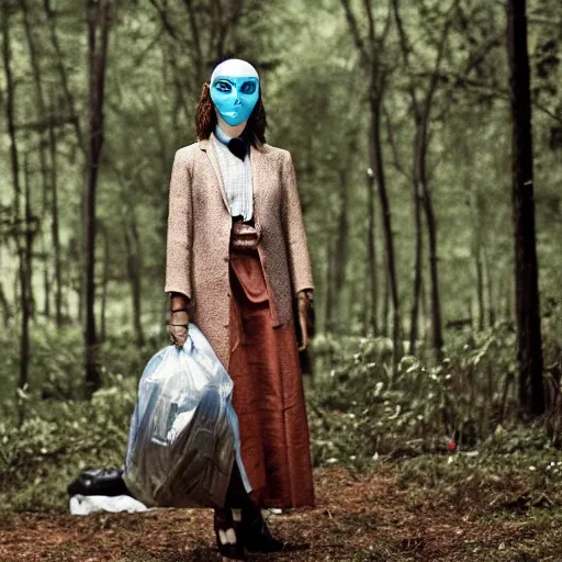 Image similar to a woman with a mask made of garbage and junk in a forest, vogue magazine