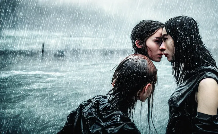 Image similar to cinestill 5 0 d candid photographic portrait by christopher nolan of two loving female androids wearing rugged black mesh techwear in treacherous waters, extreme closeup, modern cyberpunk moody emotional cinematic, pouring rain, 8 k, hd, high resolution, 3 5 mm, f / 3 2, ultra realistic faces, ex machina